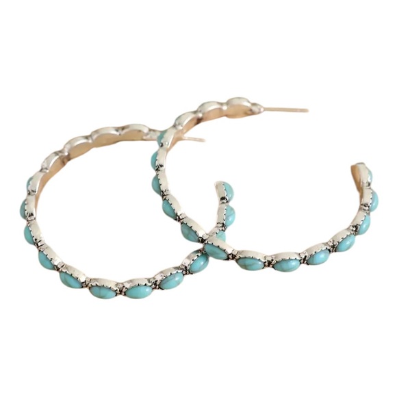 Turquoise Stone Large Silver Hoop Earrings - Picture 3 of 8